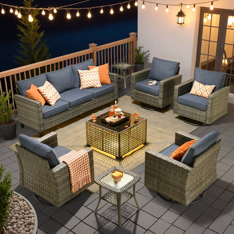 OVIOS 8 Pieces Outdoor Swivel Chair Set with Solar-Powered Table - Denim Blue​​