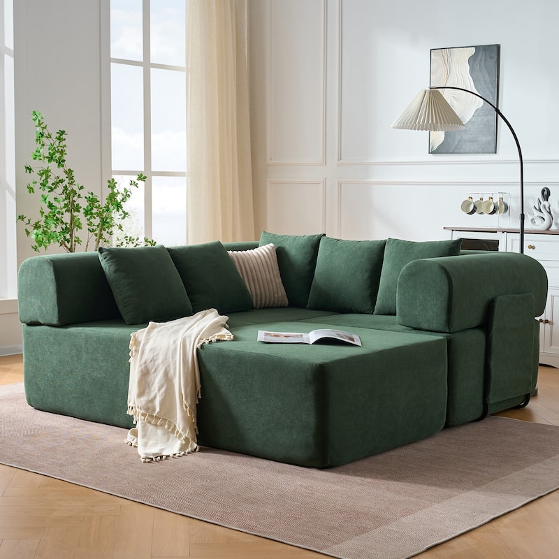Modular Sectional Sofa with L-Shape Chaise Lounge, Velvet Boneless Cloud Couch, Compressed Sofa with 5 Pillows