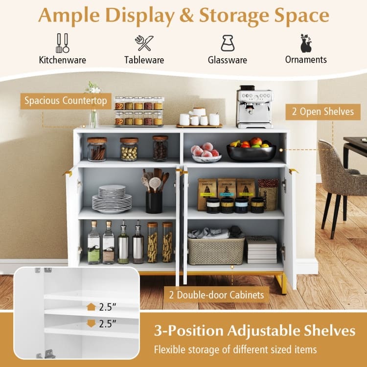White Modern Sideboard Cabinet with Adjustable Shelves Open Storage, Metal Legs and Irregular Doors - 40” x 12” x 32”