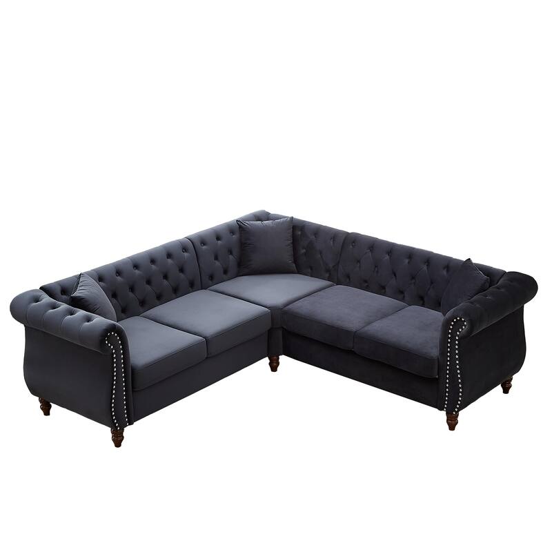 L-shape Corner Sectional Sofa with Button Tufted Back and 3 Pillows