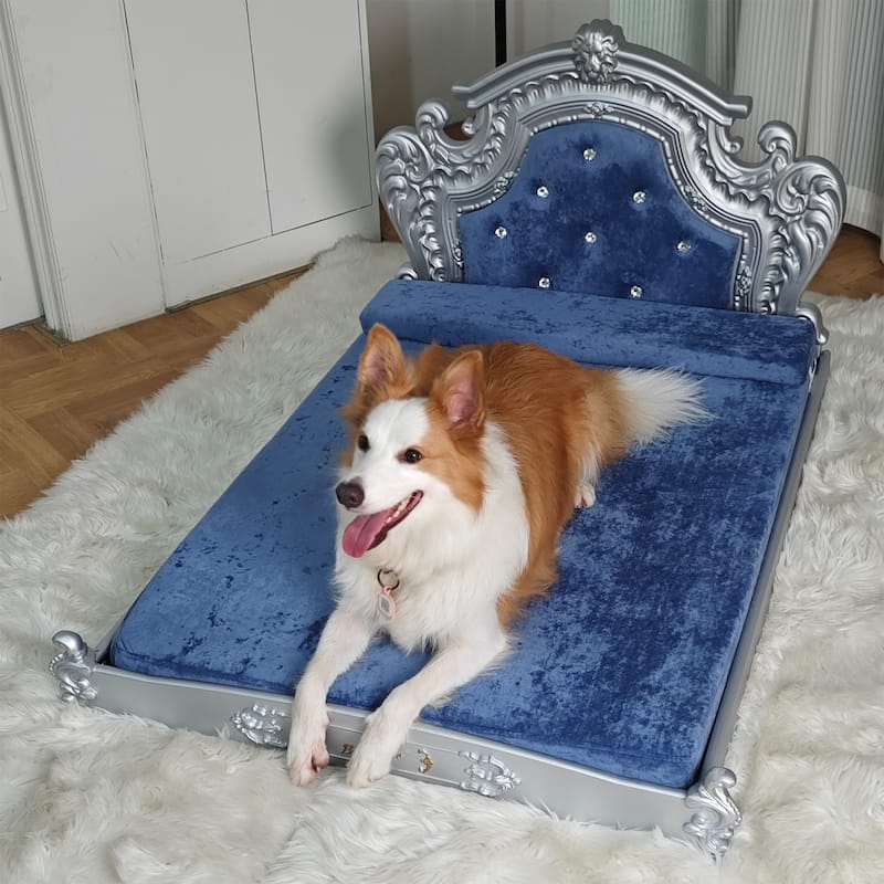 Silver Baroque Soft Velvet Cover Dog Bed Pet Sofa Furniture With Tufted Headboard Diamonds Decor - Extra Extra Large - Blue