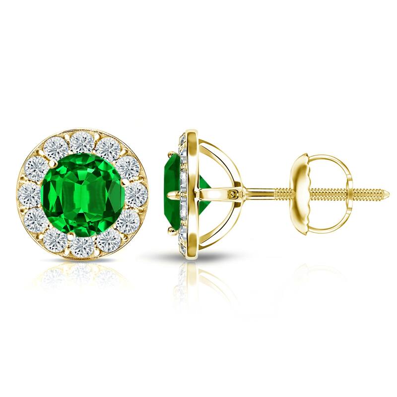 Auriya 14k Gold Lab Grown Gemstone Green Emerald Stud Earrings Round 0.25 to 5.00 ct. tw. Halo Screw-Back - 4.00ct tgw. - Yellow