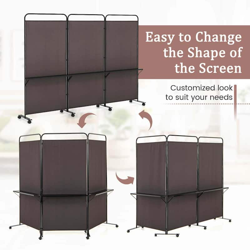 3 Panel Room Divider Folding Privacy Screen w/ Wheels & Shelves
