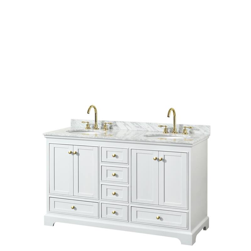 Deborah 60-inch Double Vanity, Oval Sinks, No Mirrors - White, Gold Trim, White Carrara Marble Top