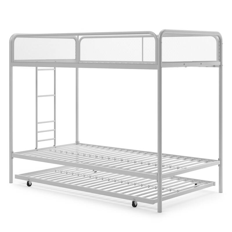 Triple Twin Metal Bunk Bed with Trundle, Space-Saving Design for Kids and Guests