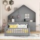preview thumbnail 2 of 10, Full Kids House Bed with Shelves & a Set of Sockets and USB Port, Wood Montessori Floor Bed with Rails, Window & Bedside Drawers