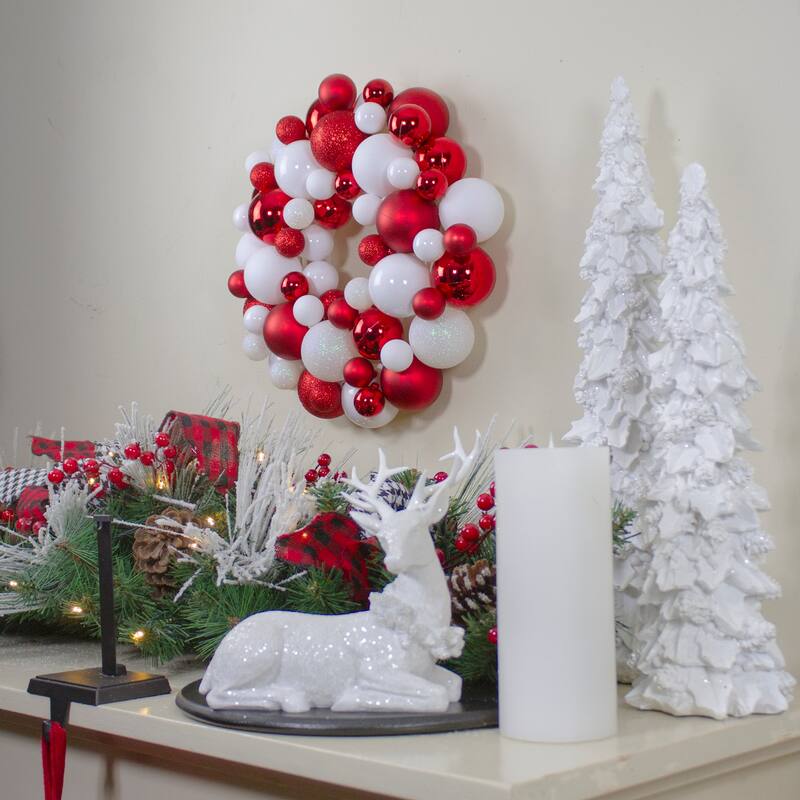 Red and White 3-Finish Shatterproof Ball Christmas Wreath 13-Inch - 13"
