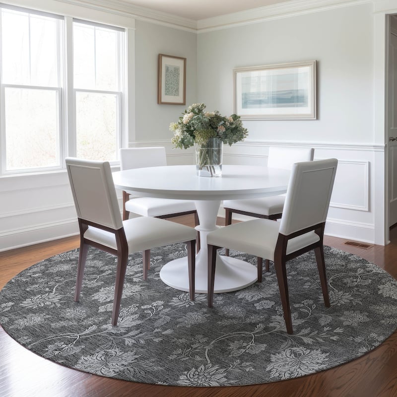 Machine Washable Indoor/ Outdoor Chantille Floral Farmhouse Rug - Gray - 8' x 8'