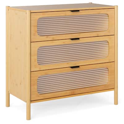 Costway 3-Drawer Dresser with Reeded Tempered Glass Front Bamboo