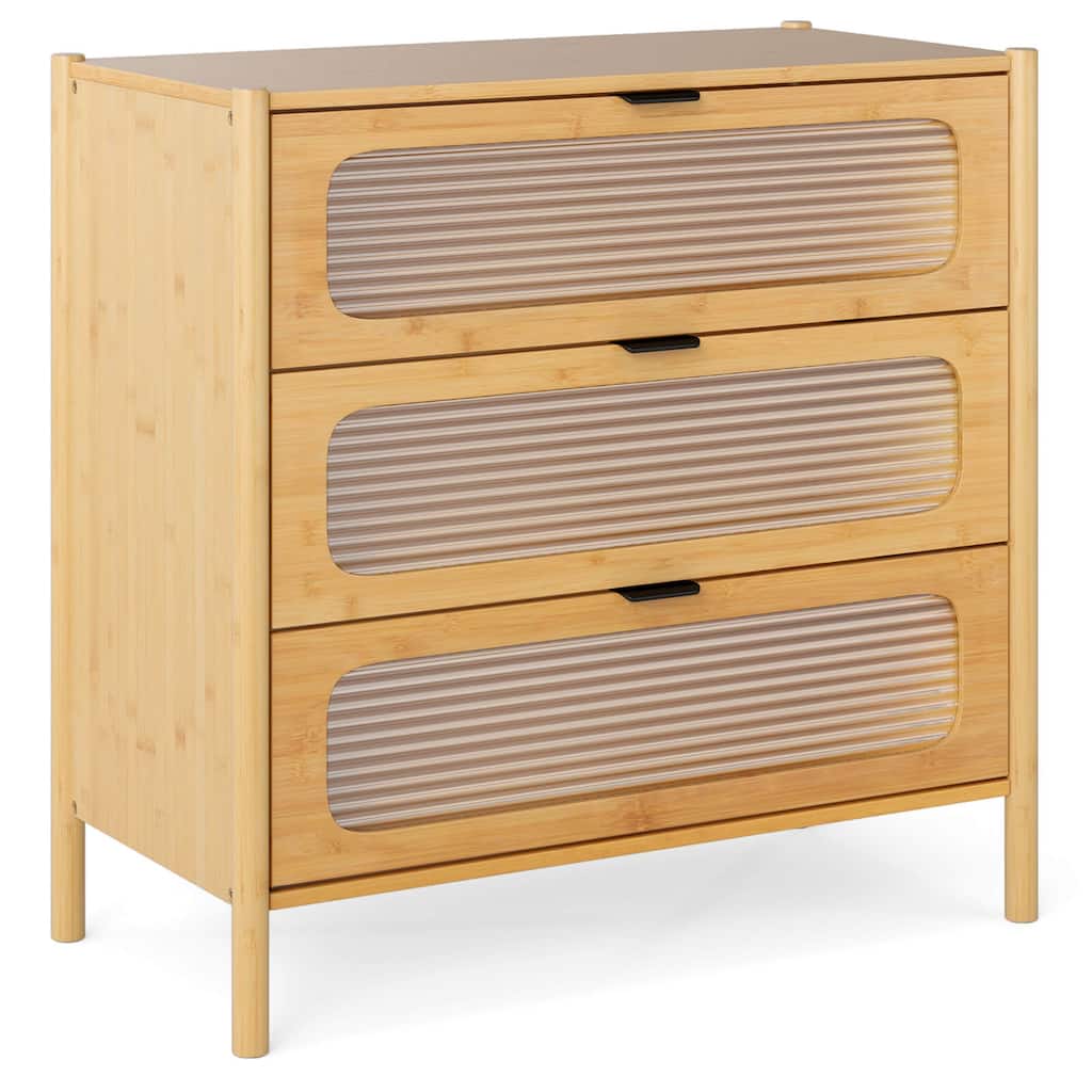 Costway 3-Drawer Dresser with Reeded Tempered Glass Front Bamboo