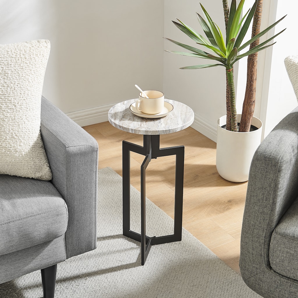 Black Metal Sculptural Pedestal & Faux Stone Tabletop Accent End Table