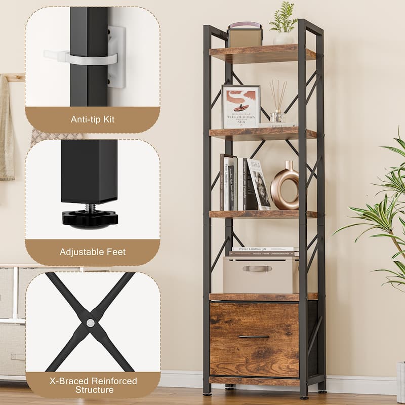 5-Tier Bookshelf with Fabric Drawer, Wood & Metal Storage Shelf
