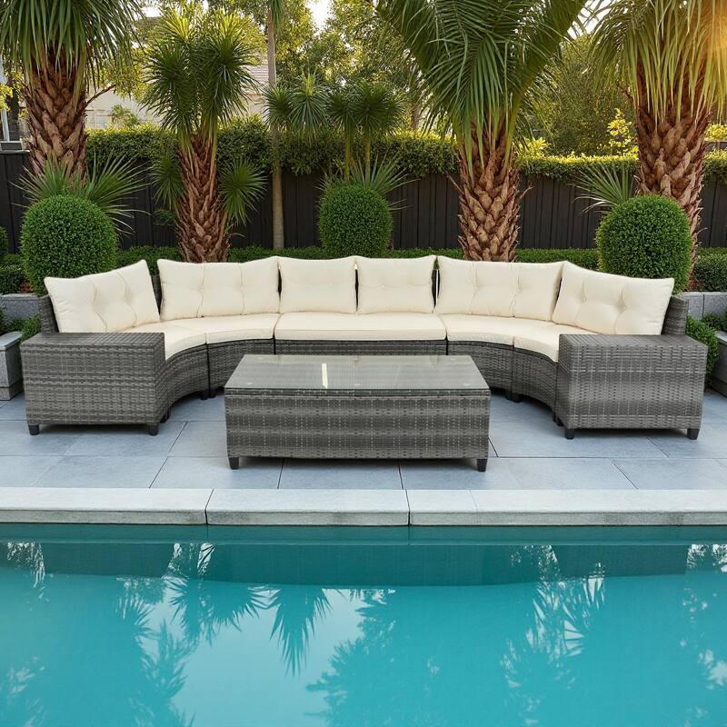 8-Piece Outdoor Patio Wicker Half-Moon Sectional Sofa Set with Rectangular Coffee Table - Beige