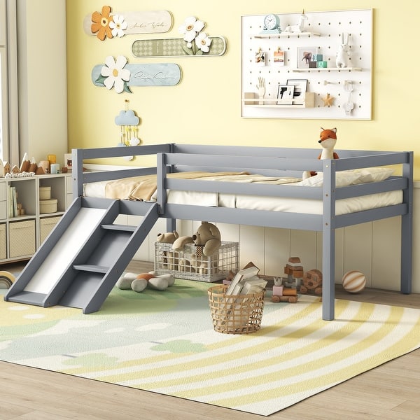 slide 2 of 8, Grey Twin Size Pine Wood Low Loft Bed with Slide, Ladder, Safety Guardrails Grey