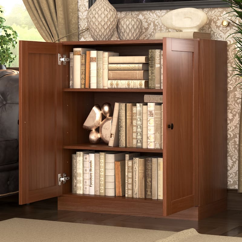 Palace Imports 100% Solid Wood 3-Shelf Bookcase with Shaker Doors and Adjustable Shelves - Mocha