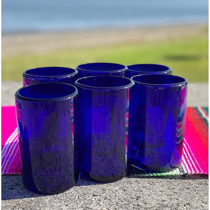 Dos Sueños Hand Blown Mexican Drinking Glasses - Set of 6 Cobalt Water Glasses (14 oz each)