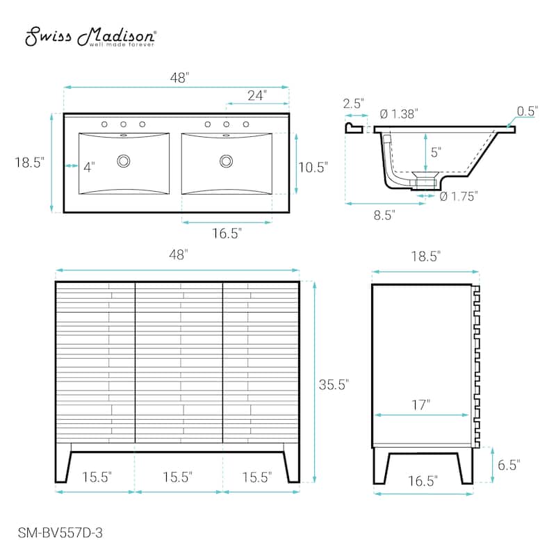 Cascade 48 In. Natural Oak, Double Basin Bathroom Vanity With White, 3-Hole Ceramic Sink Top