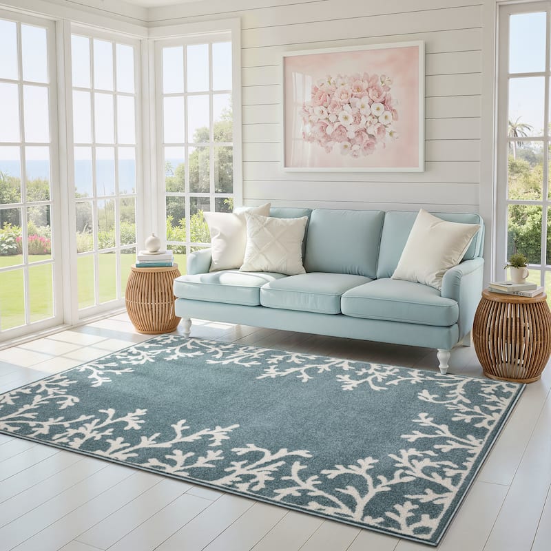 Quartz Coastal Coral Border Blue/ Ivory Area Rug - 7'10" x 10'