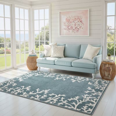 Quartz Coastal Coral Border Blue/ Ivory Area Rug