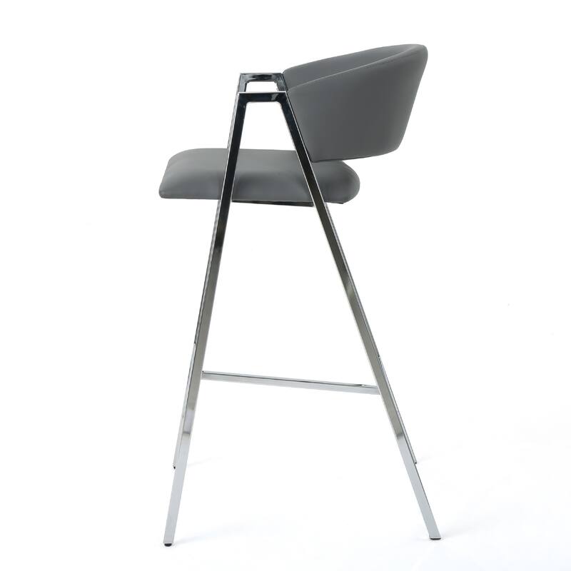 Zoy Barstool Chair Set of 2, Gray Faux Leather Padded, Chrome Iron