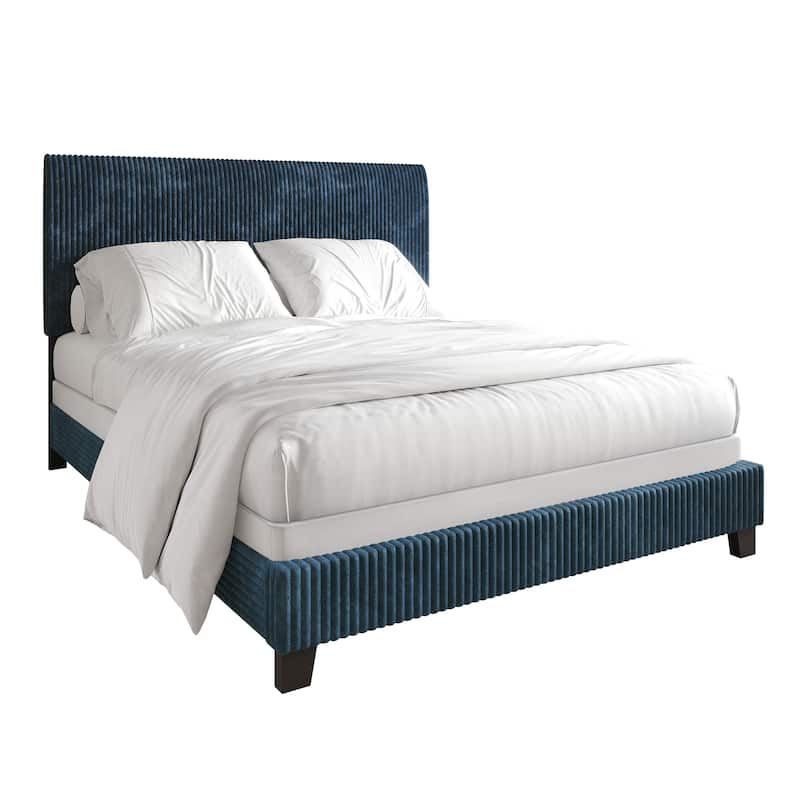 CraftPorch Corduroy 4-pieces Mid-Century Modern Navy Blue Bed with Light Grey Furniture Bedroom Set