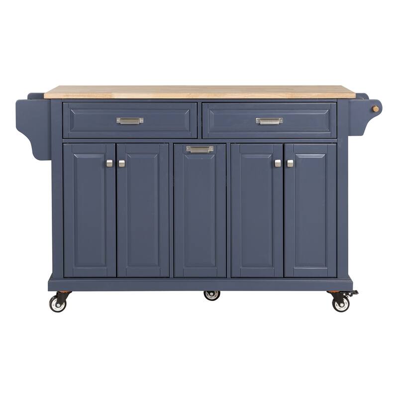 Kitchen Island with Rubber wood Countertop, Kitchen Cart on 5 Wheels with Storage Cabinet and 2 Top Drawers