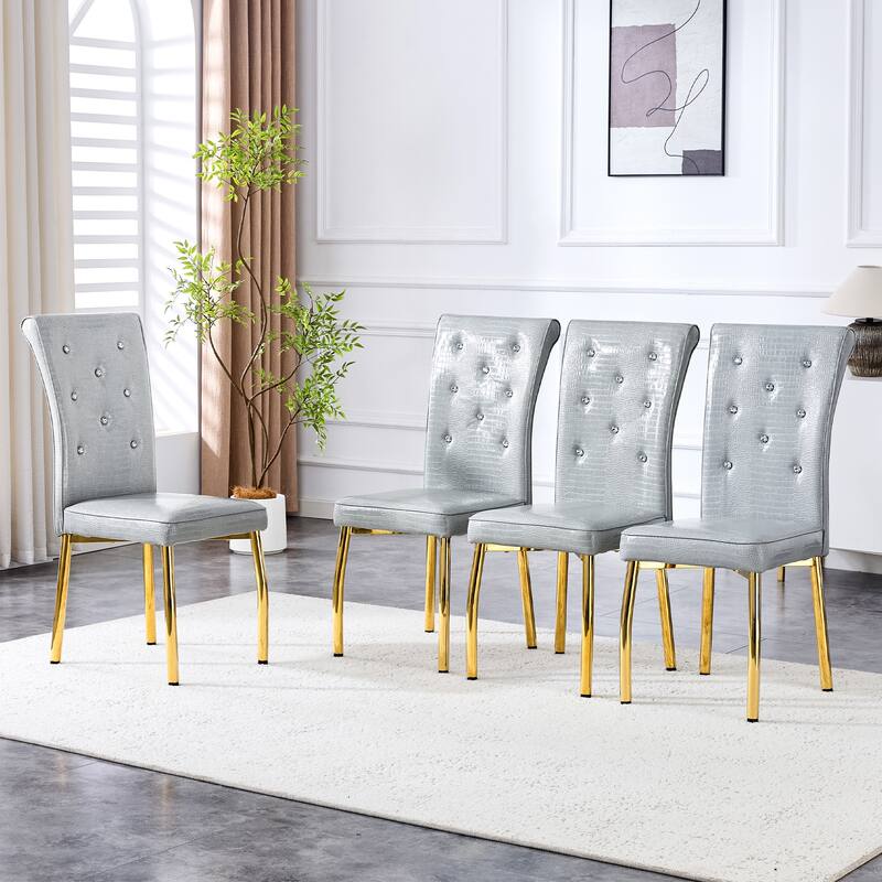 A set of 2 vintage crocodile leather cushioned dining chairs, featuring crystal clasp design and artificial leather design