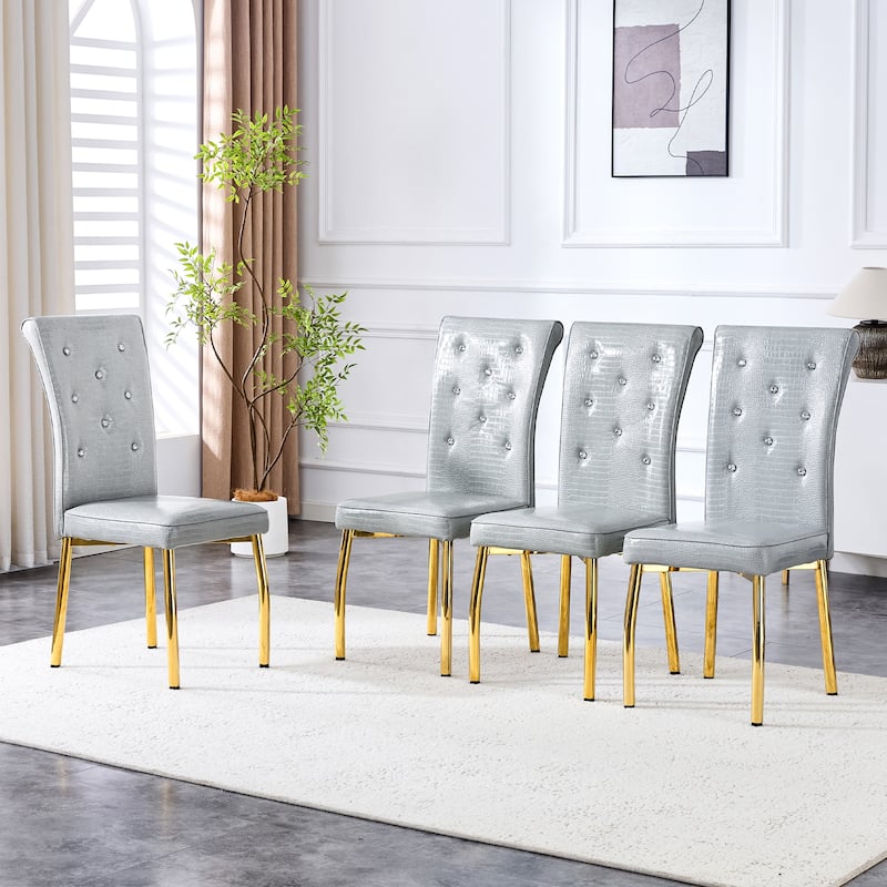 A set of 4 white and black vintage crocodile leather cushioned dining chairs, featuring crystal clasp design and leather - Gold,Gray