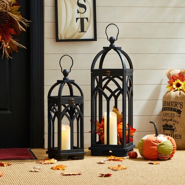 Glitzhome Set of 2 Wooden Church Style Decorative Lanterns Candle