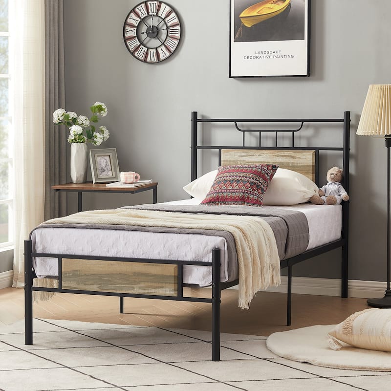 VECELO Industrial Kids Bed Frame with Wood Headboard,Twin Size Bed Set of 2