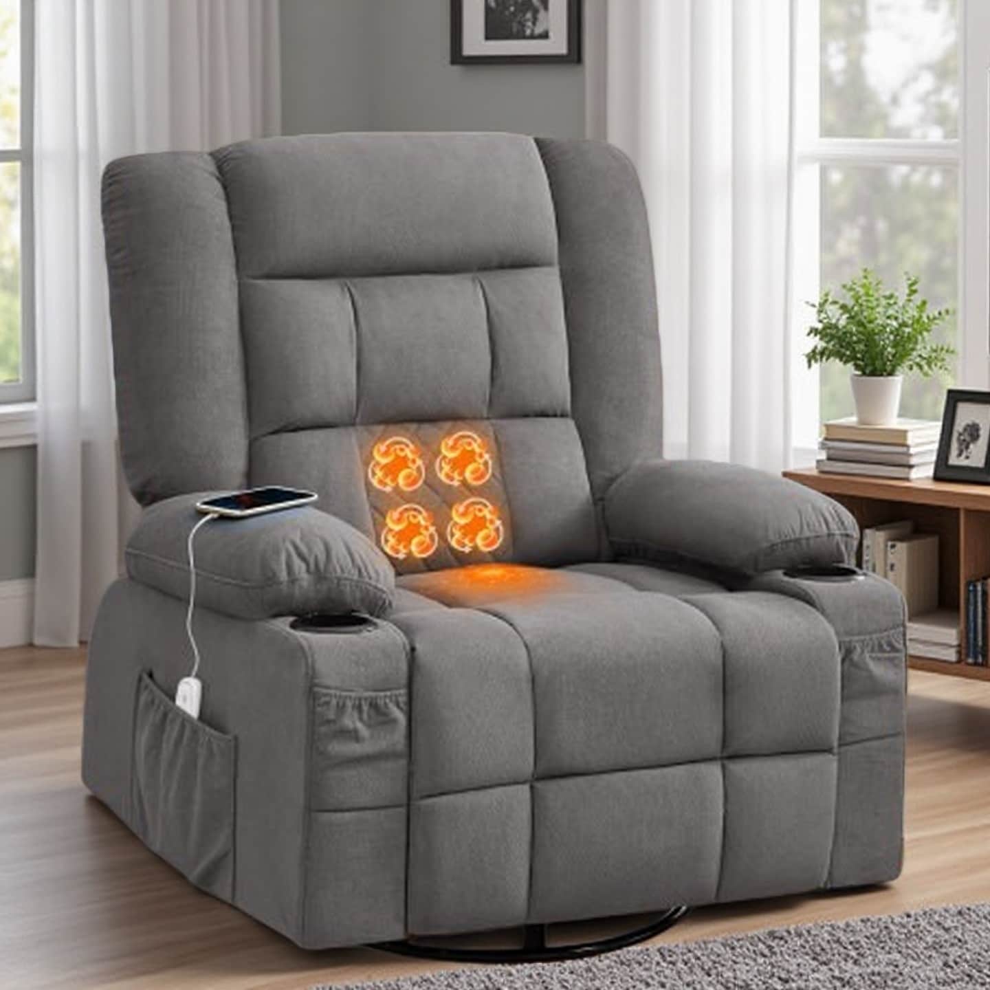3D Kneading Massage Recliner Chair with Heat, Rocking & 360° Swivel, Adjustable Backrest, USB Charging Port, Cup Holders
