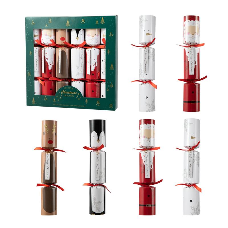 Glitzhome 14PK Christmas Santa Snowman Penguin Reindeer & Holy Leaves Party Crackers with Gift Contents