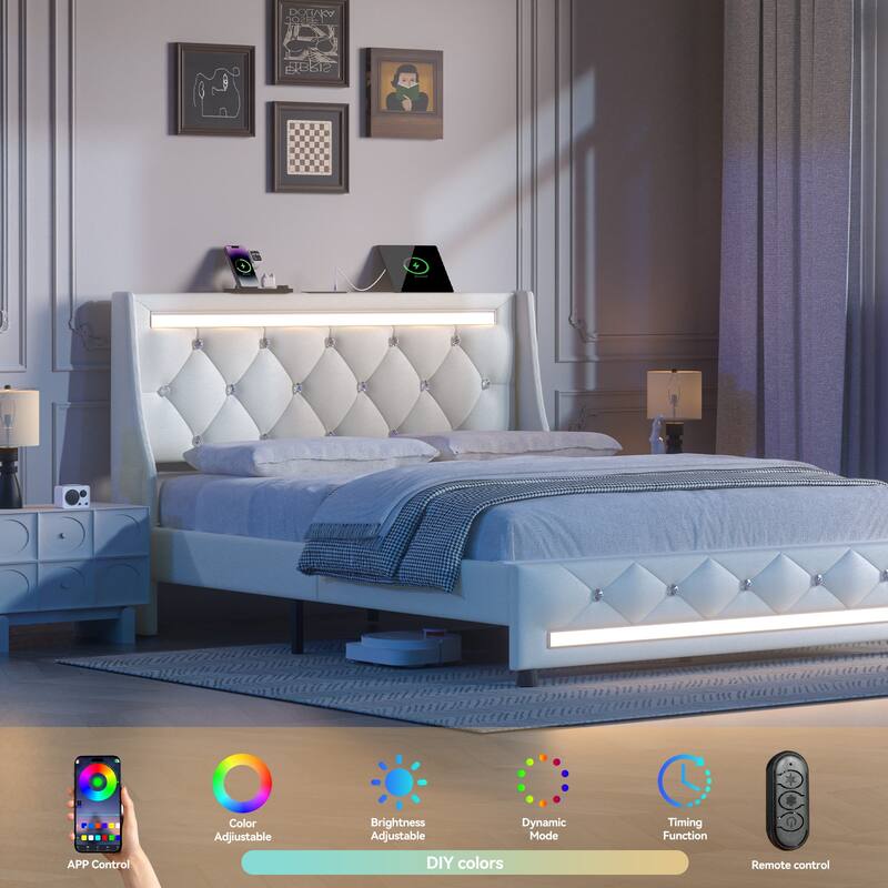 Full Size Upholstered Platform Bed Frame with Headboard, LED Lights, Charging Station, and Storage