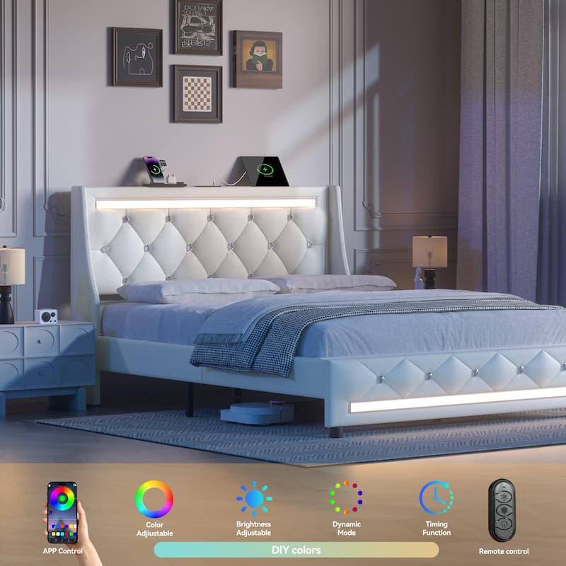Heavy Duty Metal Bed Frame with Wood Slat, Upholstered Wingback Platform Bed, Diamond Tufted LED Headboard with Charging Station - White - Full