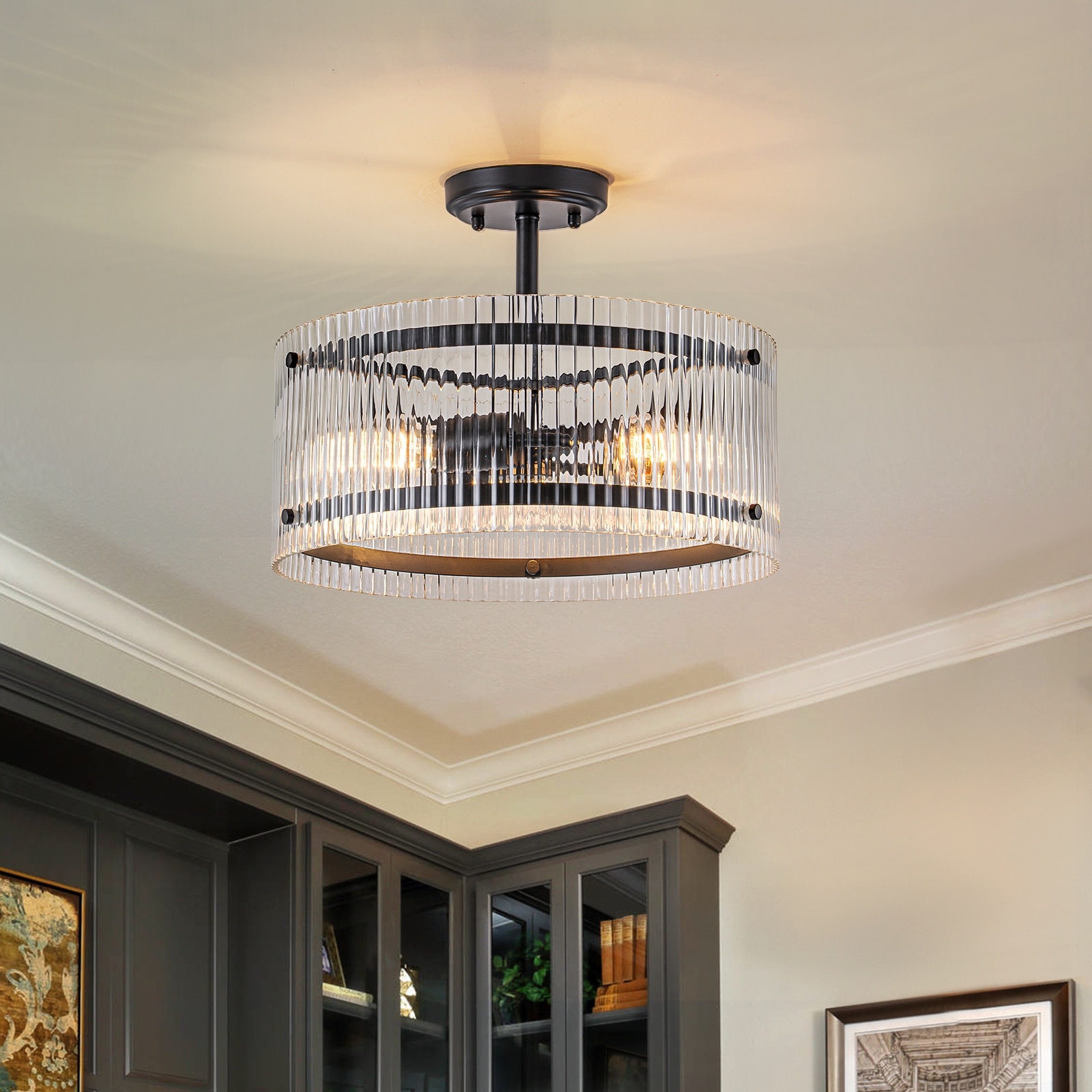 3-Light Modern Drum Semi Flush Mount Lights with Ribbed Glass Shape