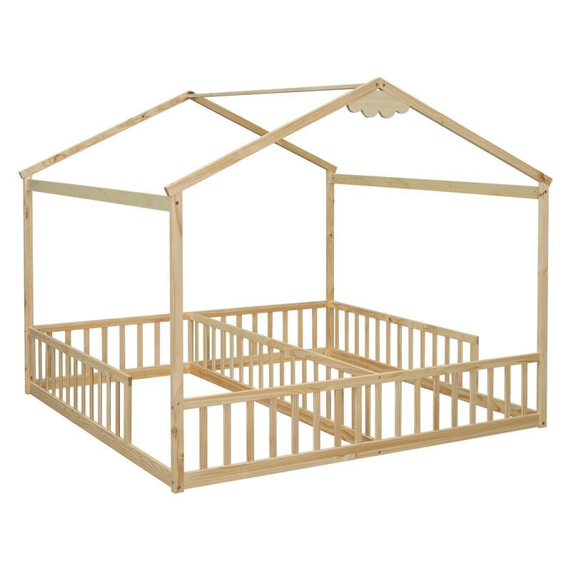 House-Style Double Twin Size Floor Bed with Fence, Guardrails, without Door