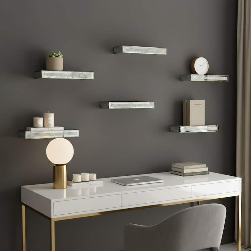 HomeRoots Set Of Six Silver Glass Wall Mounted Floating Shelf With Faux Crystals - 2.17 in. x 5.91 in. x 14.76 in. - Silver - 2.17 in. x 5.91 in.  x 14.76 in.