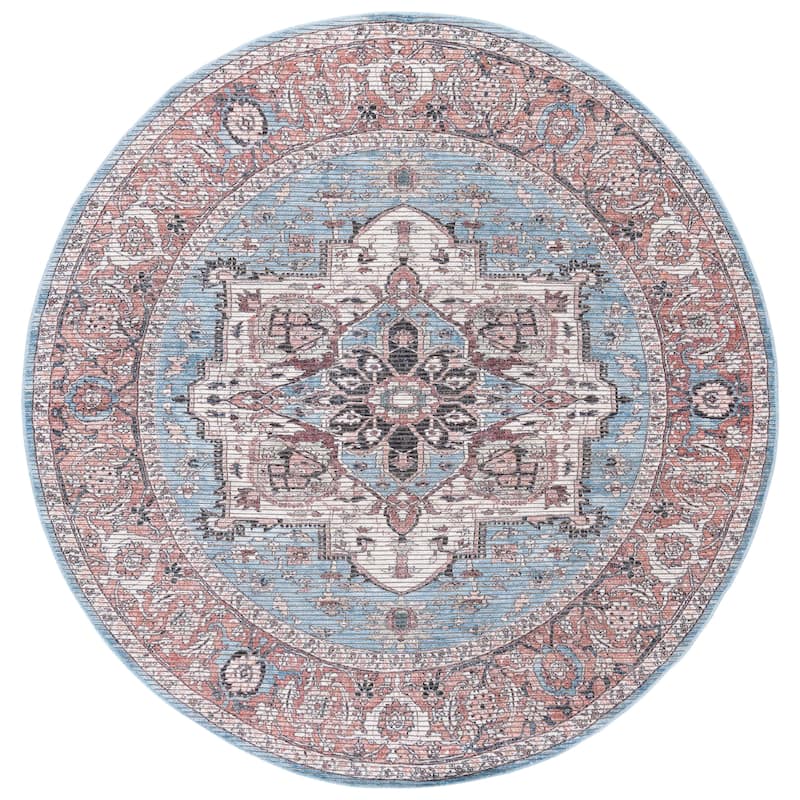 SAFAVIEH Riviera Machine Washable Vannie Slip Resistant Oriental Rug - 6'7" Round - Blue/Rust