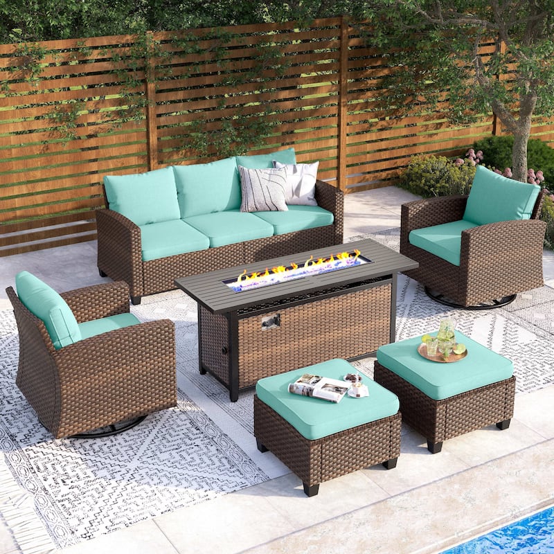 7/9-Seat Patio Furniture Wicker Rattan Outdoor High-back Sectional Sofa Conversation Set with Firepit Table - 7-Seat Swivel Set+56''Firepit - Lake Blue