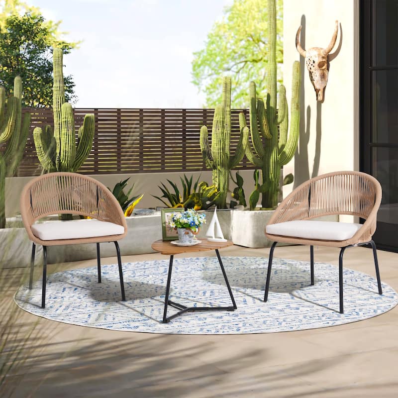 Outdoor 3 Piece Upholstered Wicker Patio Furniture Chair Modern Parlor Set