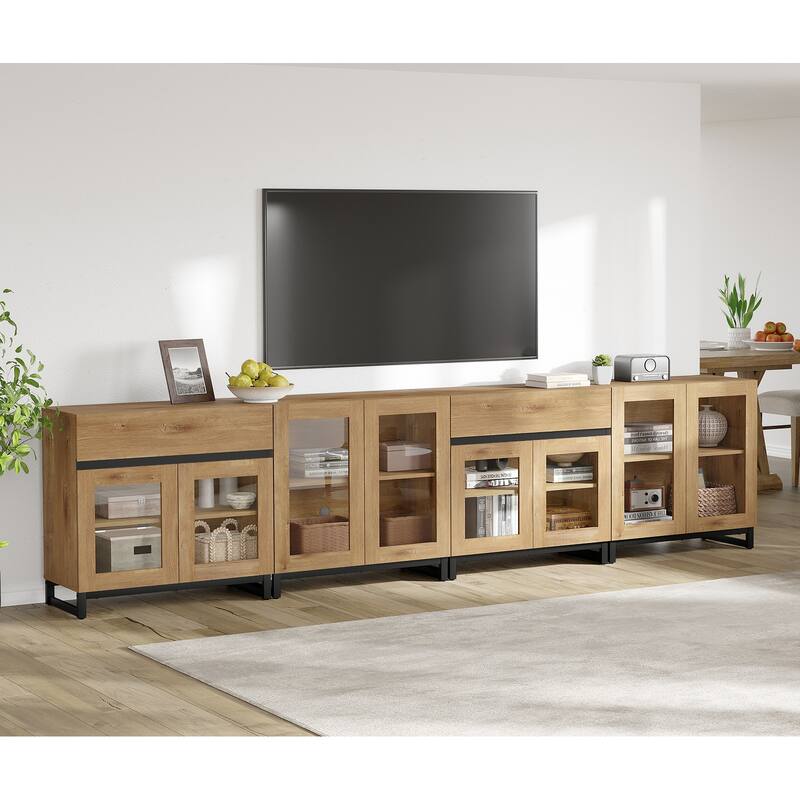 4-in-1 TV Stand for 120" TVs, Modern Console with Glass Doors & 2 Drawers, Adjustable Shelf - 126 inches - Oak
