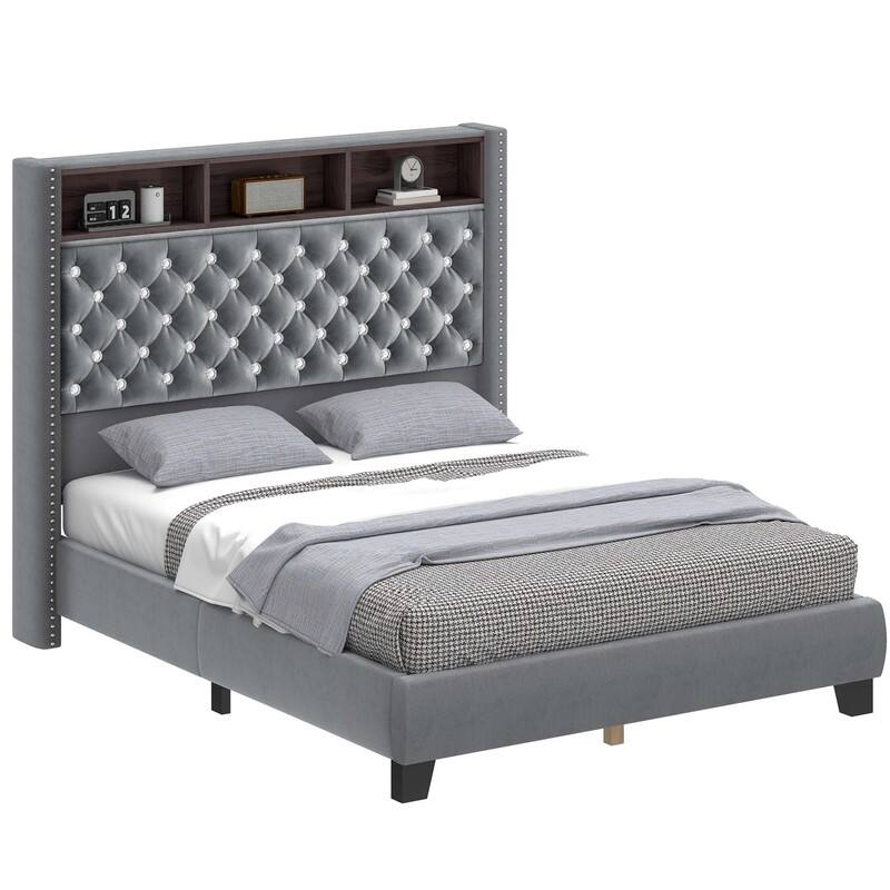 Moasis King/Queen Size Velvet Upholstered Bed Frame with Storage Headboard with USB Charging Stations