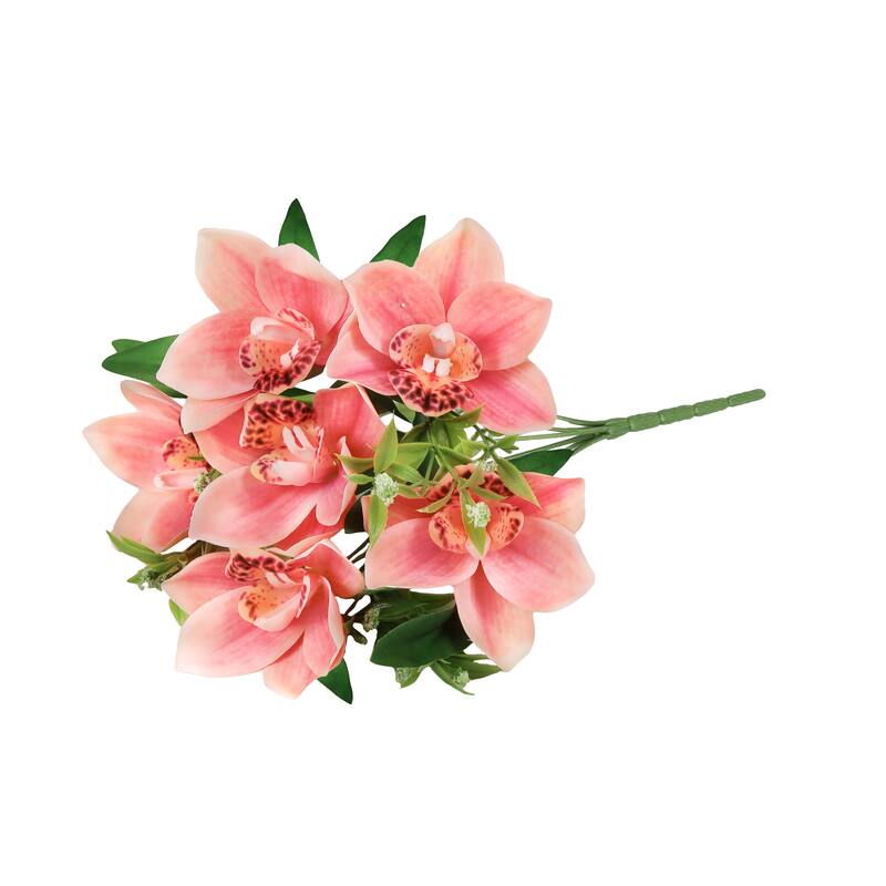 Set of 4 Coral Artificial Cymbidium Orchid Flower Stem Bush Bouquet 13in - 13" L x 8" W x 8" DP