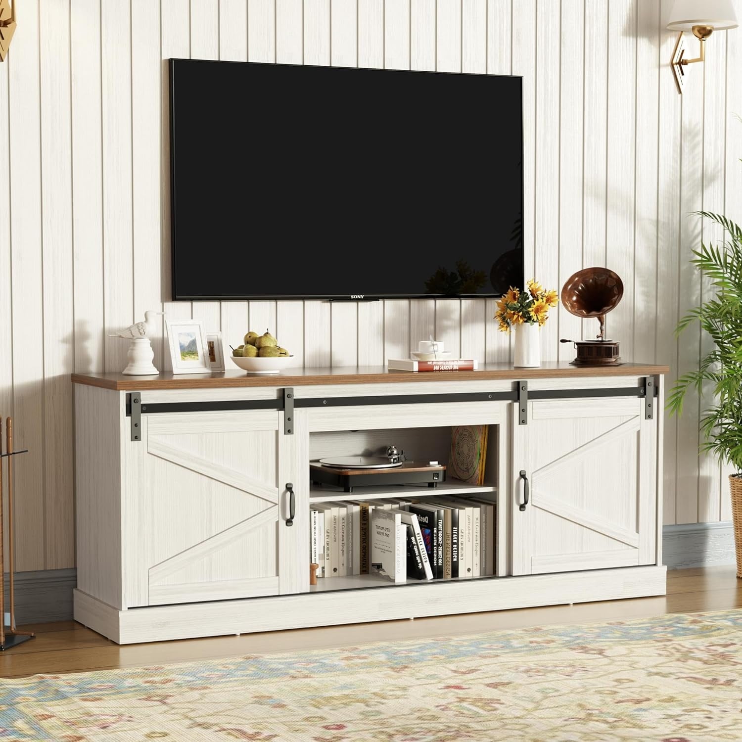 67" Farmhouse Fireplace TV Stand with 24" Electric Fireplace, Large Cabinet with Sliding Barn Door Remote Control