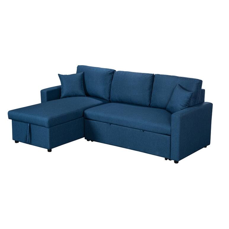 Paisley Linen Fabric Reversible Sleeper Sectional Sofa with Storage Chaise