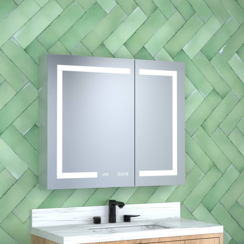 Rectangular Aluminum Recessed/Surface Mount Medicine Cabinet in Silver with Mirror LED and Clock