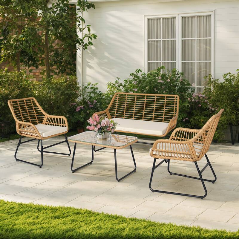 4 Piece Patio Furniture Set, Outdoor Wicker Conversation Set with Loveseat,Chairs and Table - 47.2" W x 24.4" D x 31.9" H - Beige