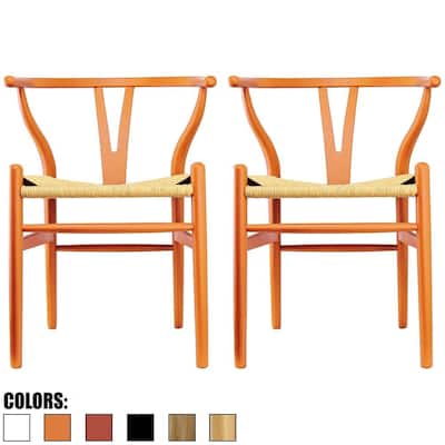 Set of 2 Orange Modern Wood Dining Chair With Y Back Arm Armchair Hemp Seat For Home Restaurant Office Bedroom Kitchen