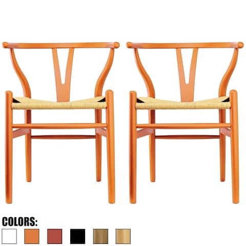 Set of 2 Orange Modern Wood Dining Chair With Y Back Arm Armchair Hemp Seat For Home Restaurant Office Bedroom Kitchen