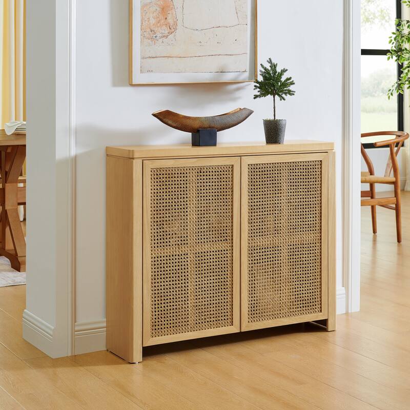 39.4" Retro Rattan Sideboard Buffet Cabinet with 2 Outlet Holes, Mid-Century Modern Coffee Bar Credenza Wood Accent Cabinet - Natural